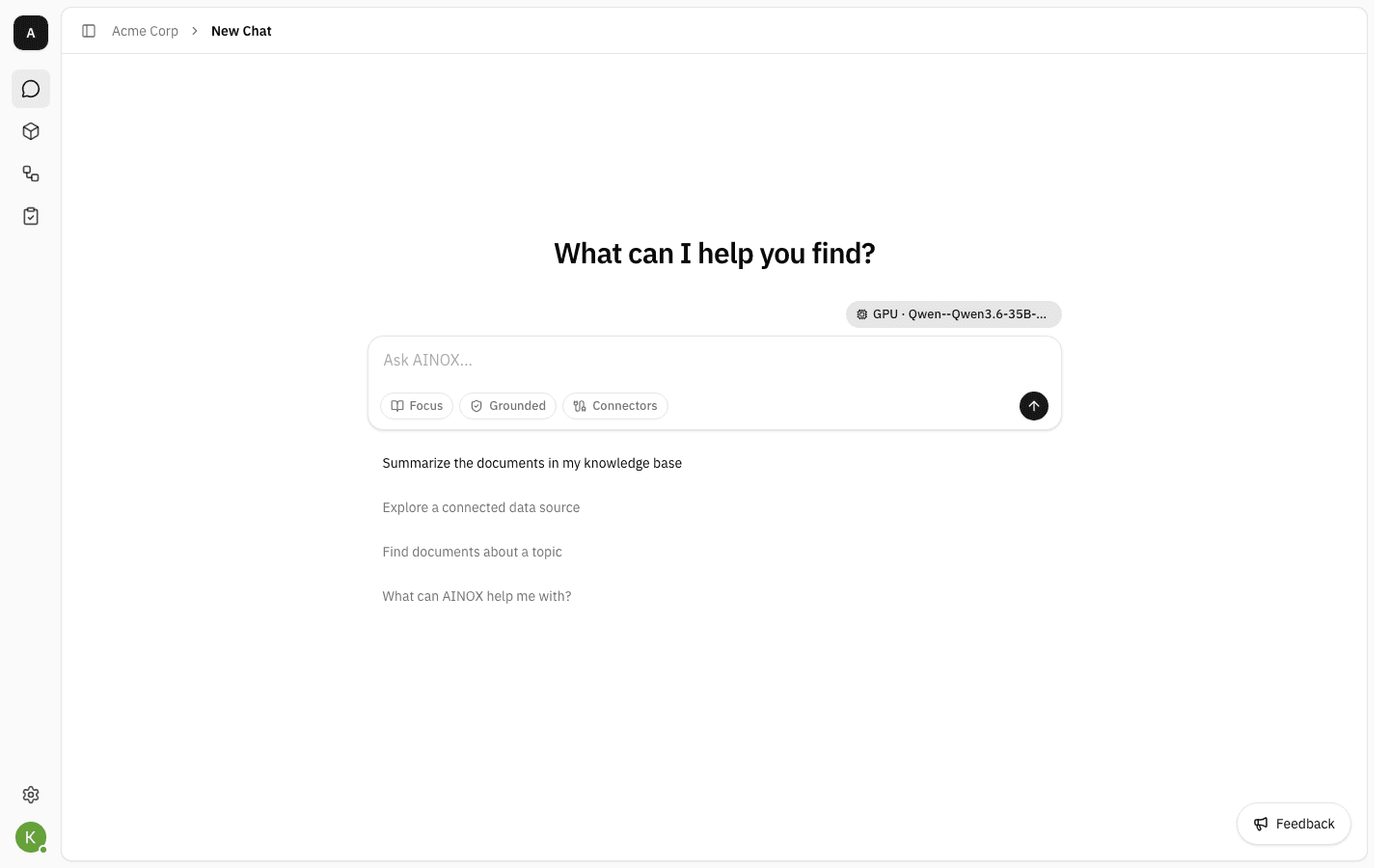Empty chat page headed "What can I help you find?" with the message box and four suggestions
