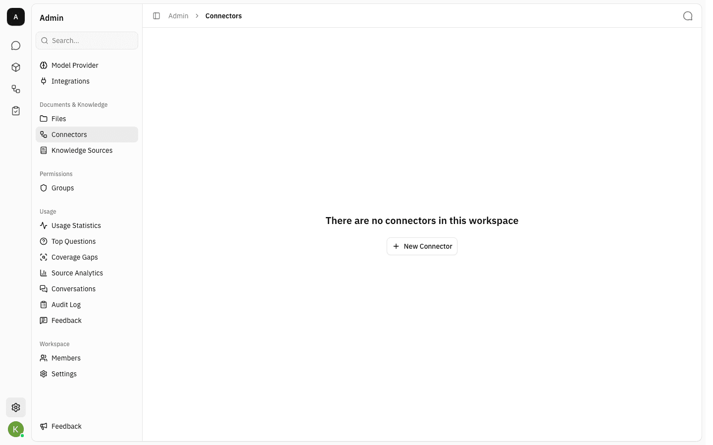 Connectors admin page showing the empty state "There are no connectors in this workspace"