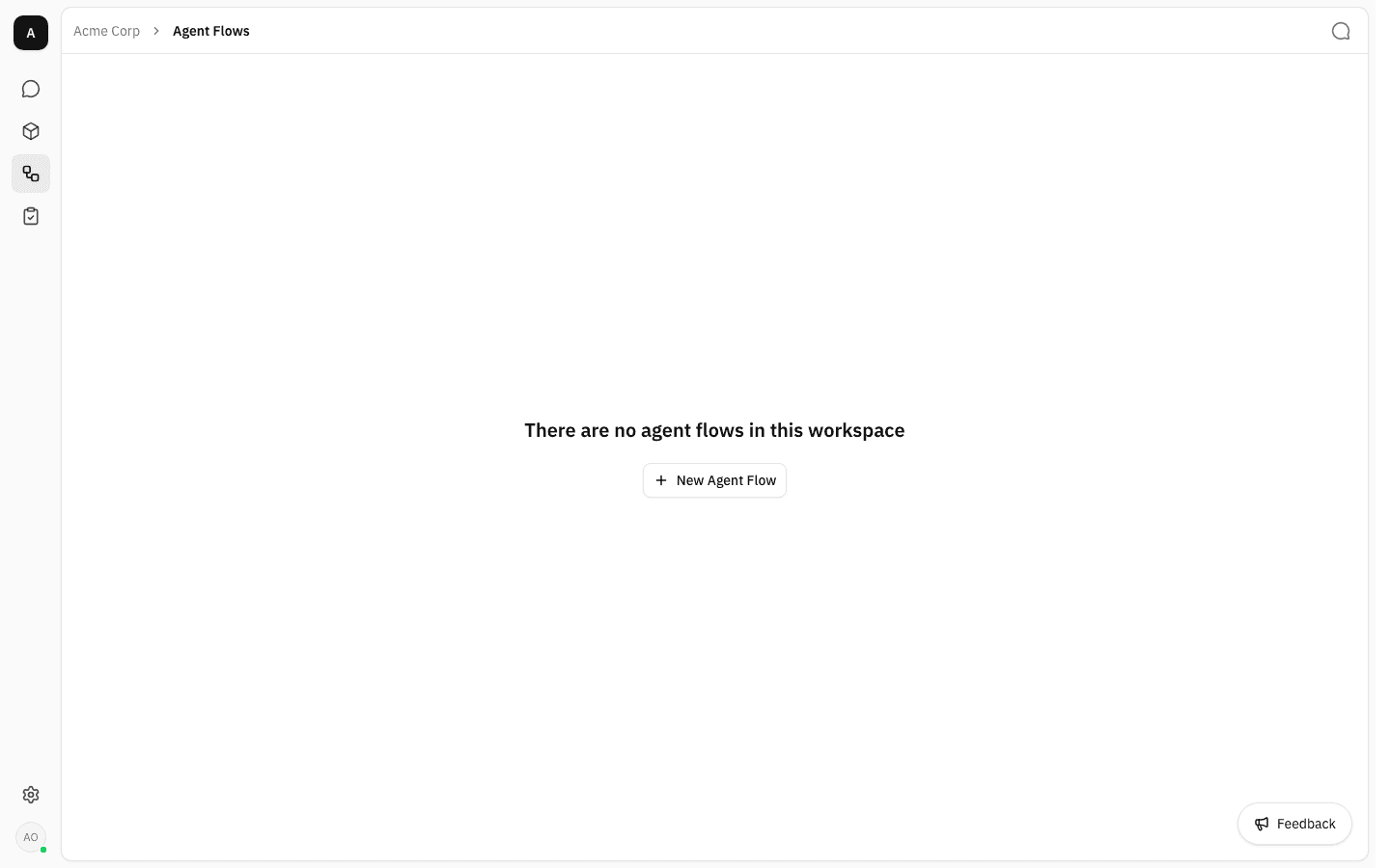 Empty Agent Flows page in the Acme Corp workspace, with the message "There are no agent flows in this workspace" and a New Agent Flow button