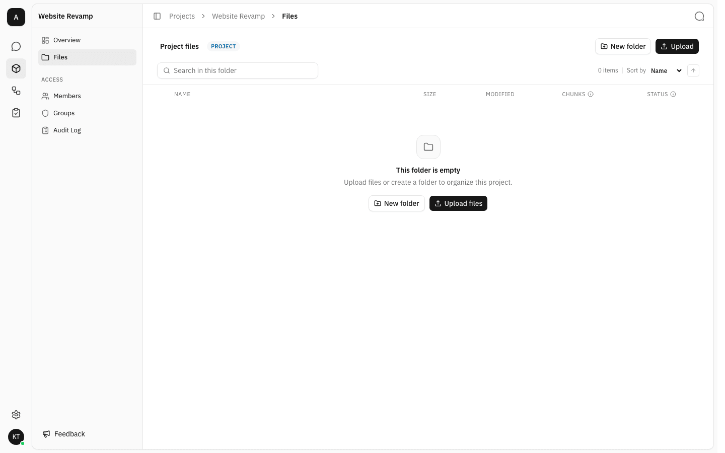 Empty Files page of the Website Revamp project, showing the blue PROJECT badge, an empty folder illustration, and New folder and Upload files buttons