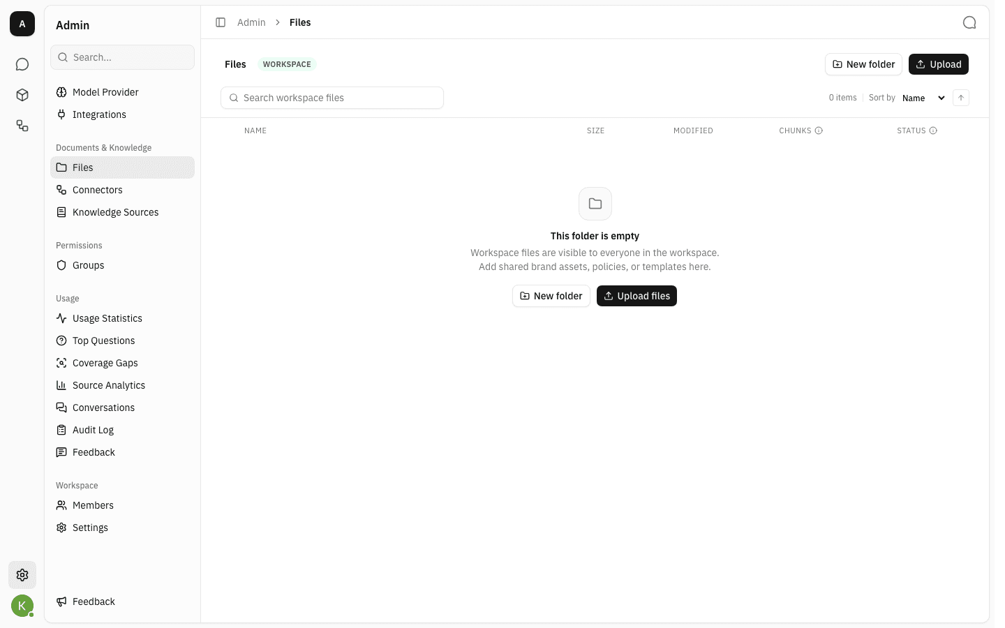 Empty workspace Files page showing the New folder and Upload files buttons