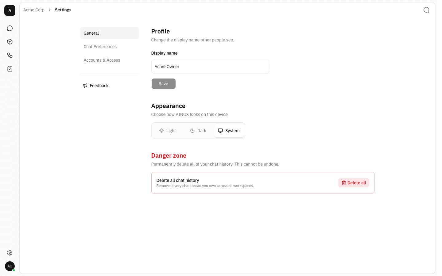 Settings, General section, showing Profile, Appearance and Danger zone
