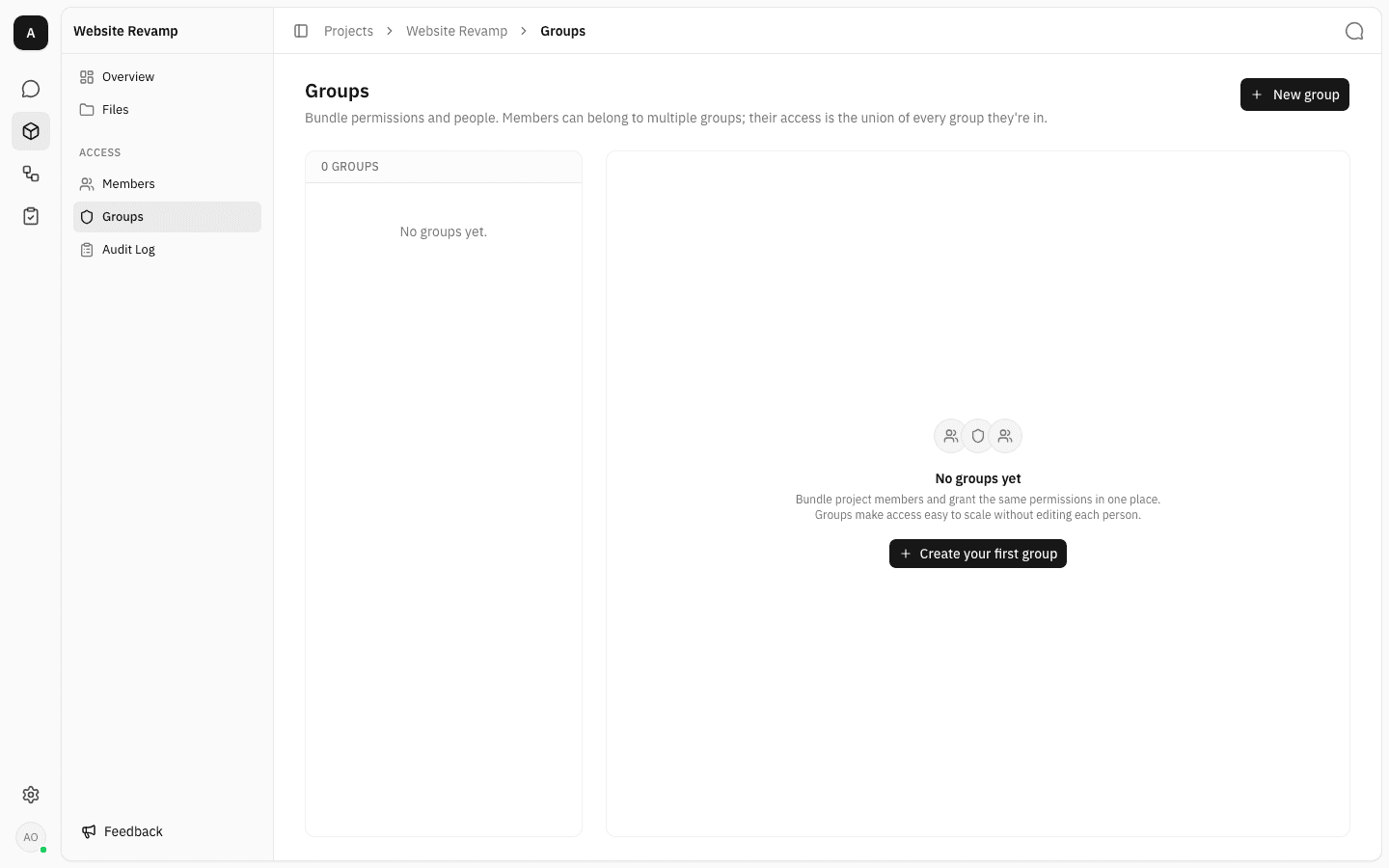 Project groups page showing the "No groups yet" empty state with a "Create your first group" button