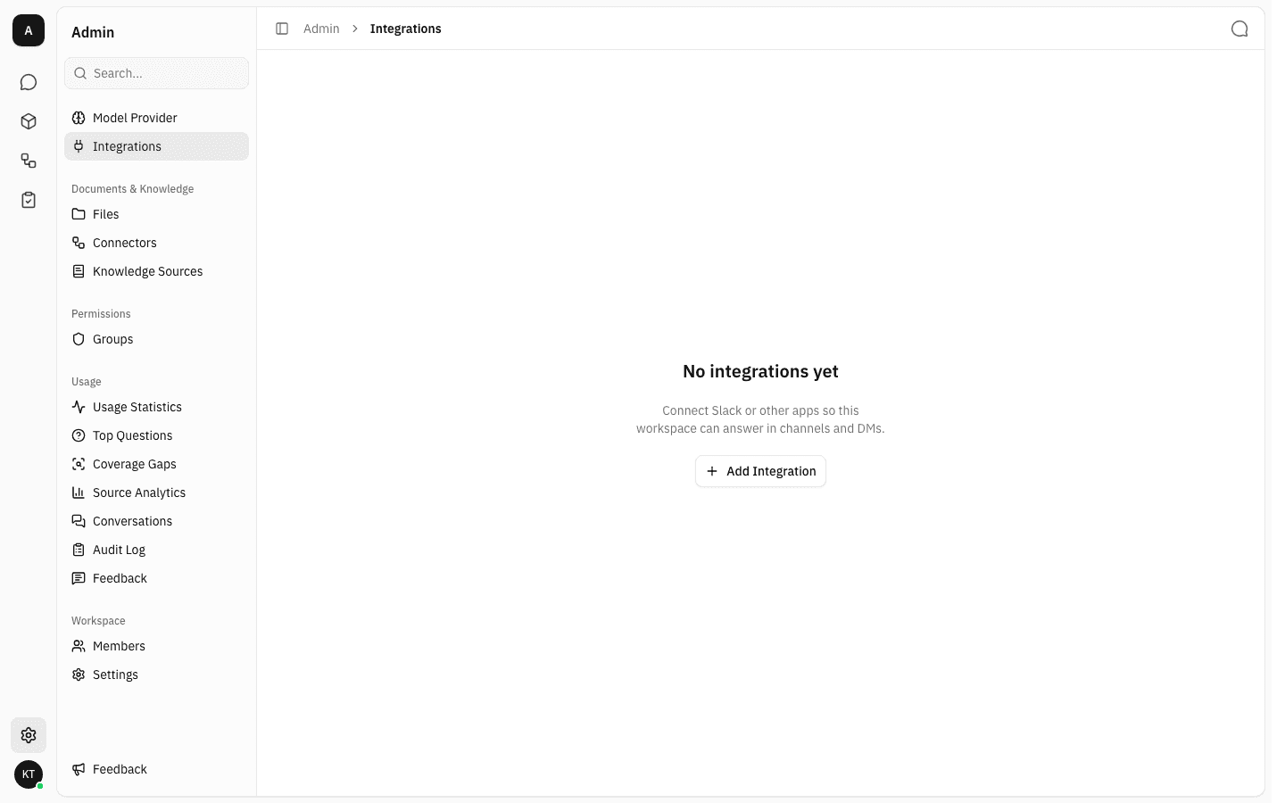 Integrations admin page showing the empty state "No integrations yet" with an Add Integration button