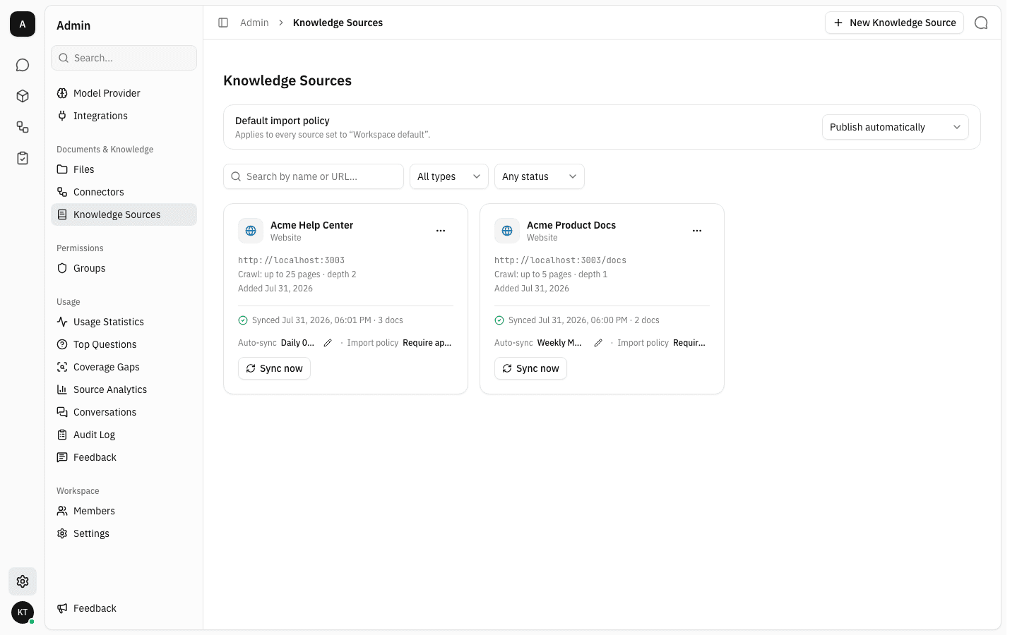 The Knowledge Sources admin page with two website sources
