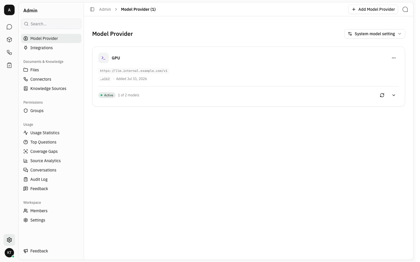 Model Provider admin page listing one provider card with an Active status pill
