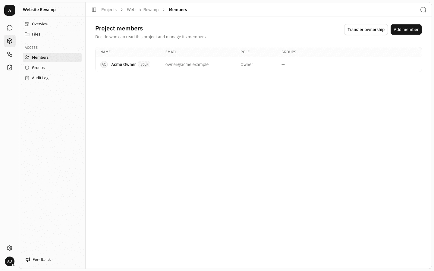 Members page of the Website Revamp project showing a single row for the project owner, with the Groups column showing a dash