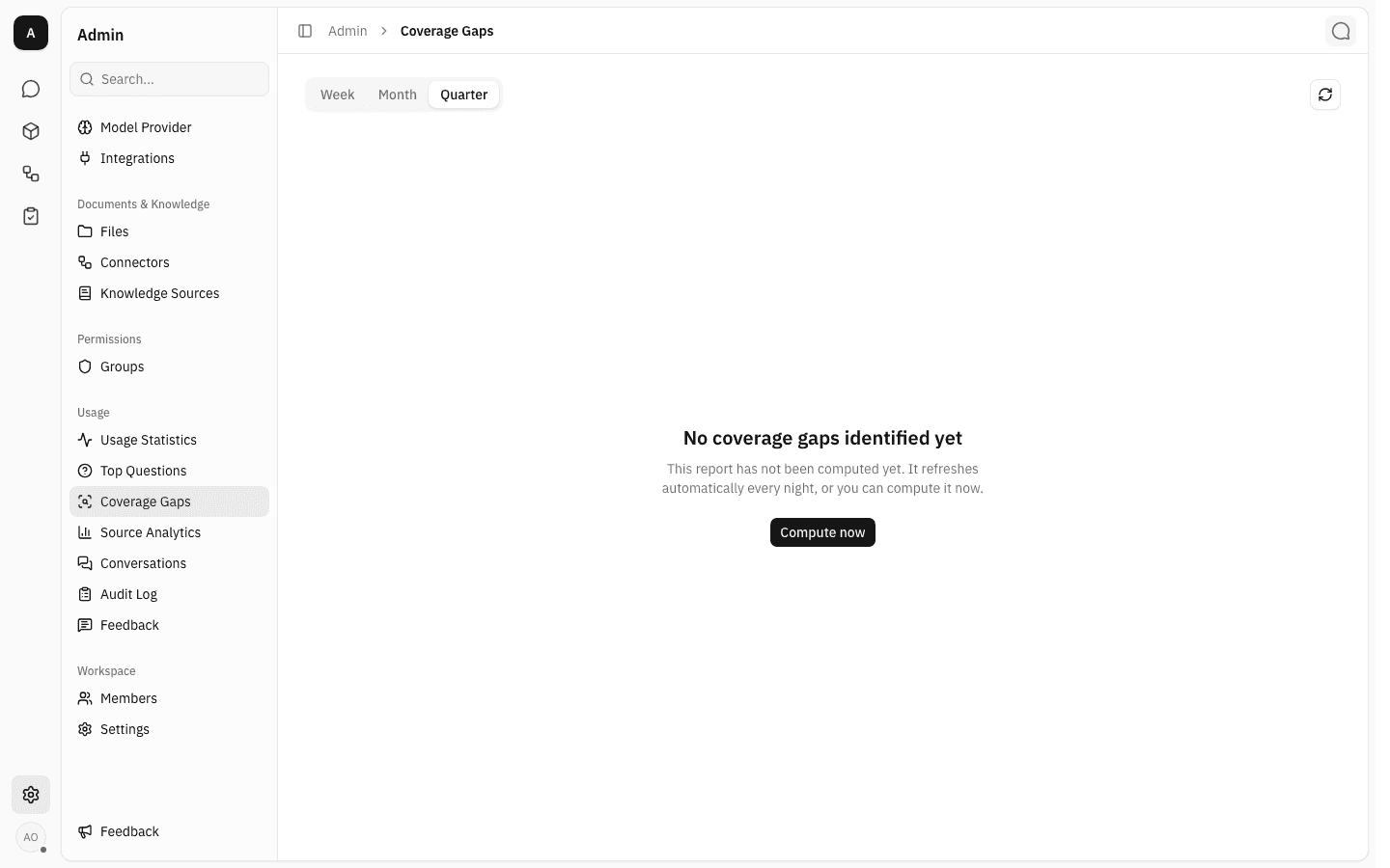 Coverage Gaps page with the Quarter tab selected and the "No coverage gaps identified yet" empty state offering a Compute now button