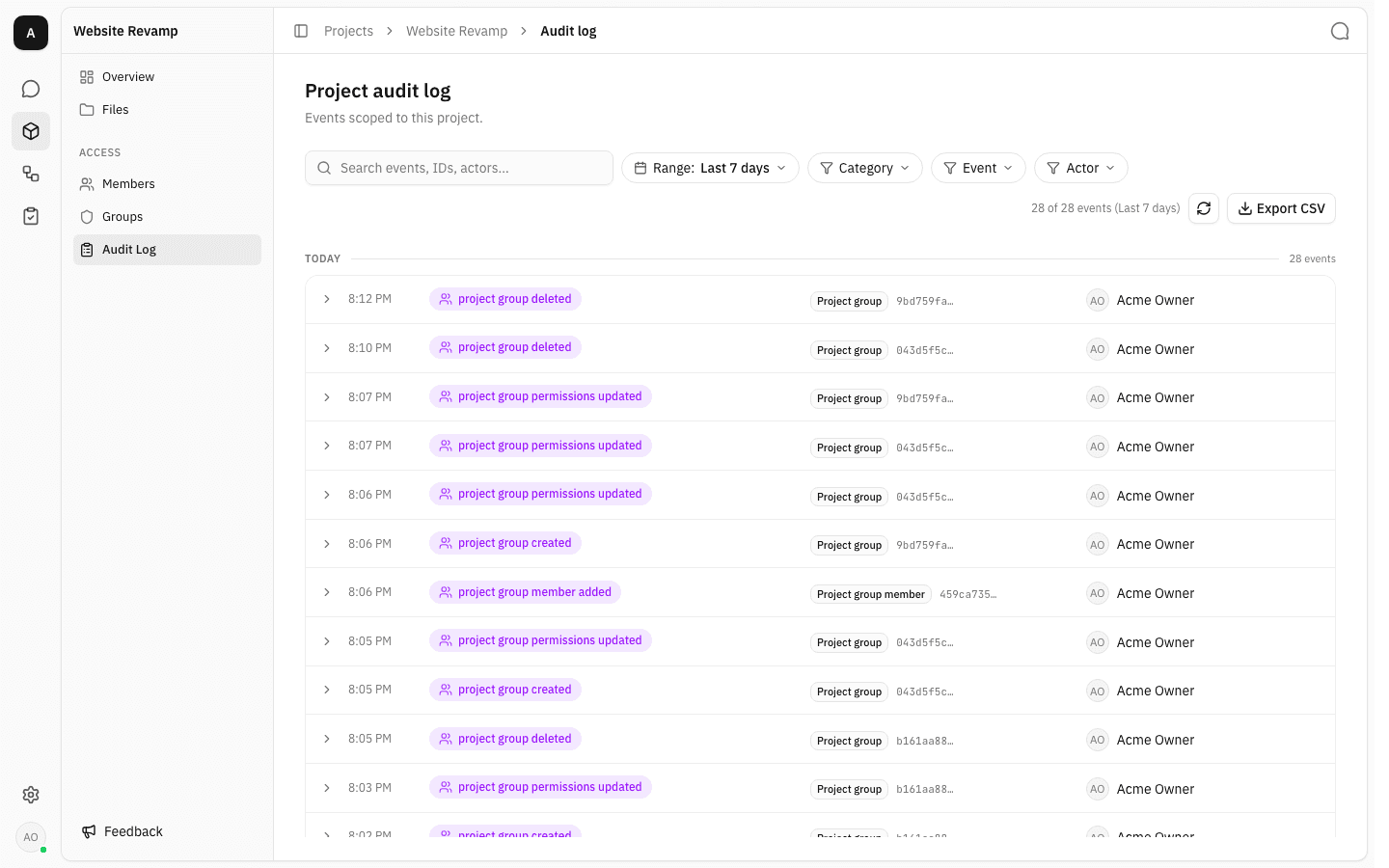 Project audit log for Website Revamp showing 28 events from today