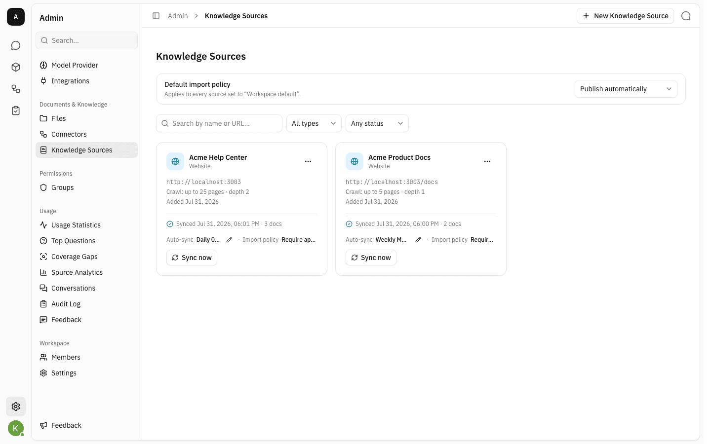 Two knowledge source cards showing last sync time, auto-sync schedule and a Sync now button