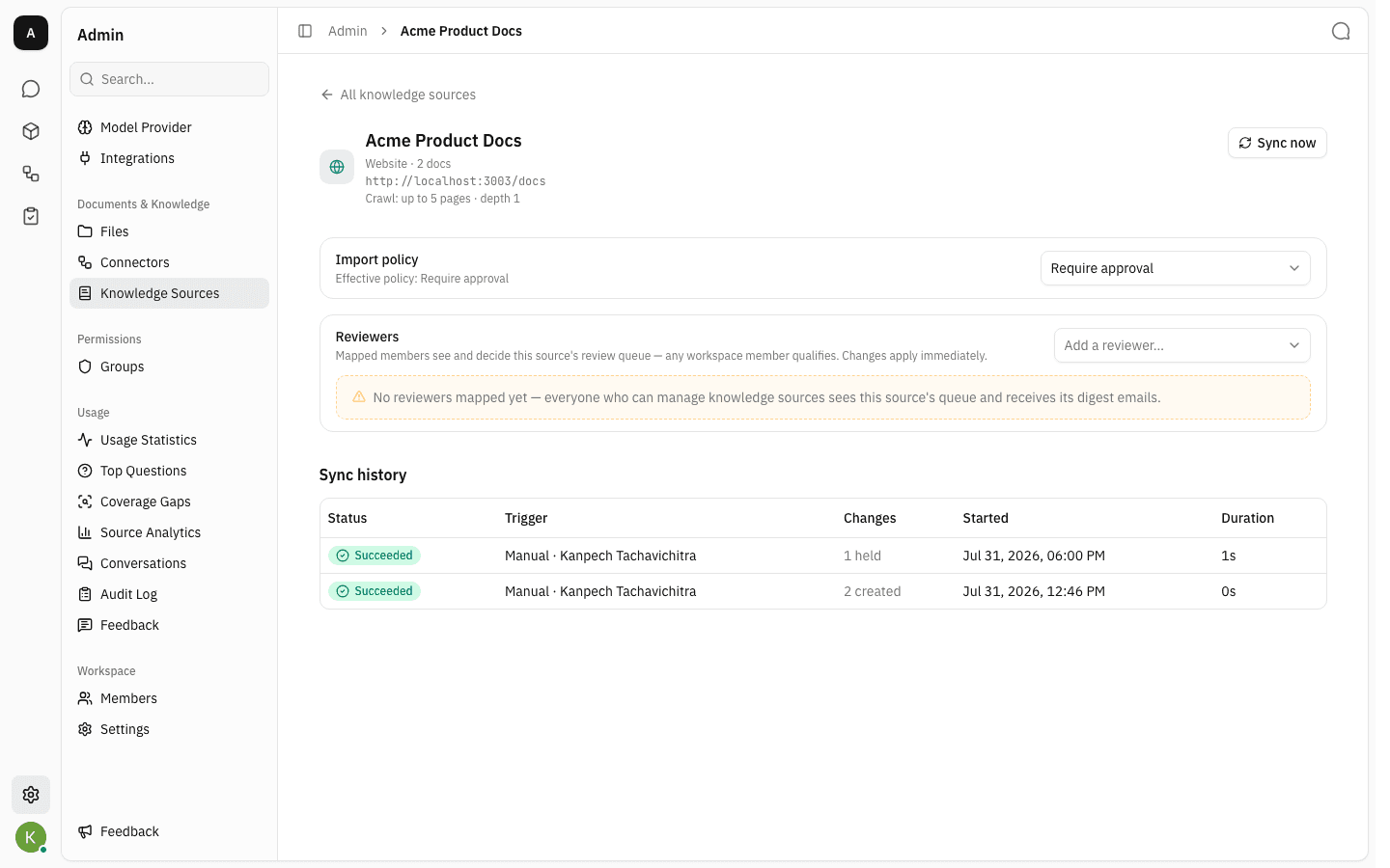 Knowledge source settings with Import policy set to Require approval