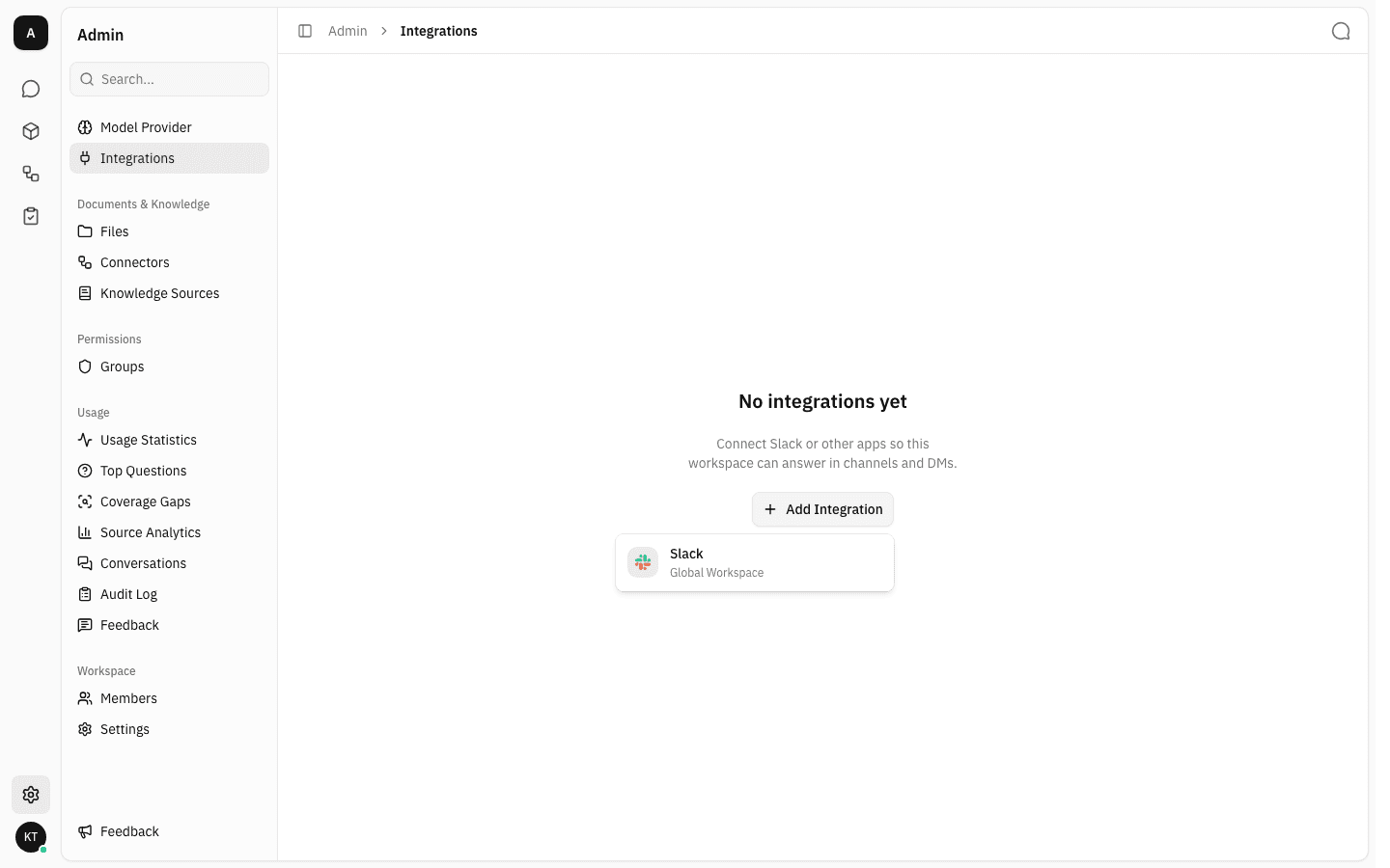 Add Integration menu open showing a single Slack / Global Workspace entry