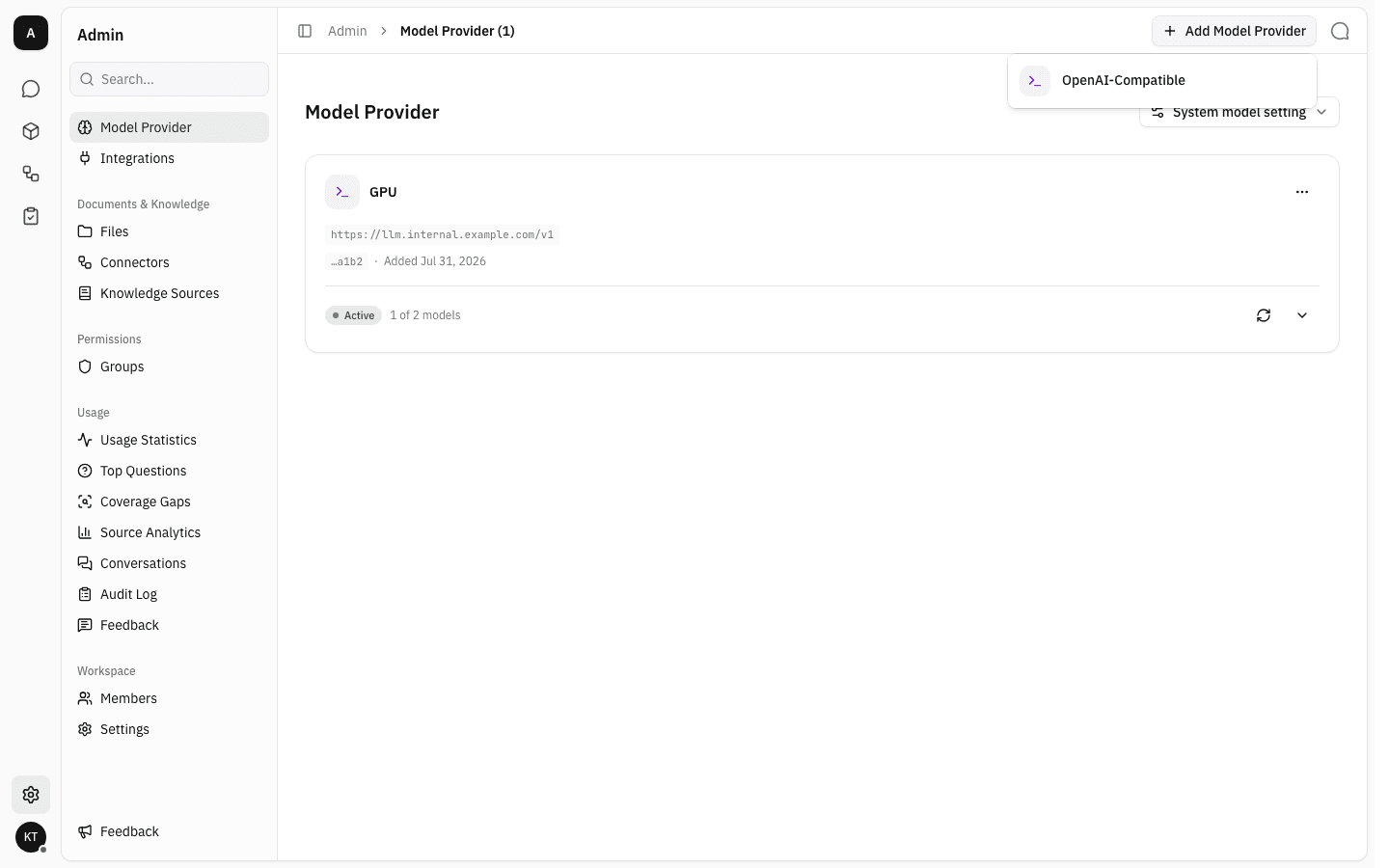 Add Model Provider button expanded showing the OpenAI-Compatible option