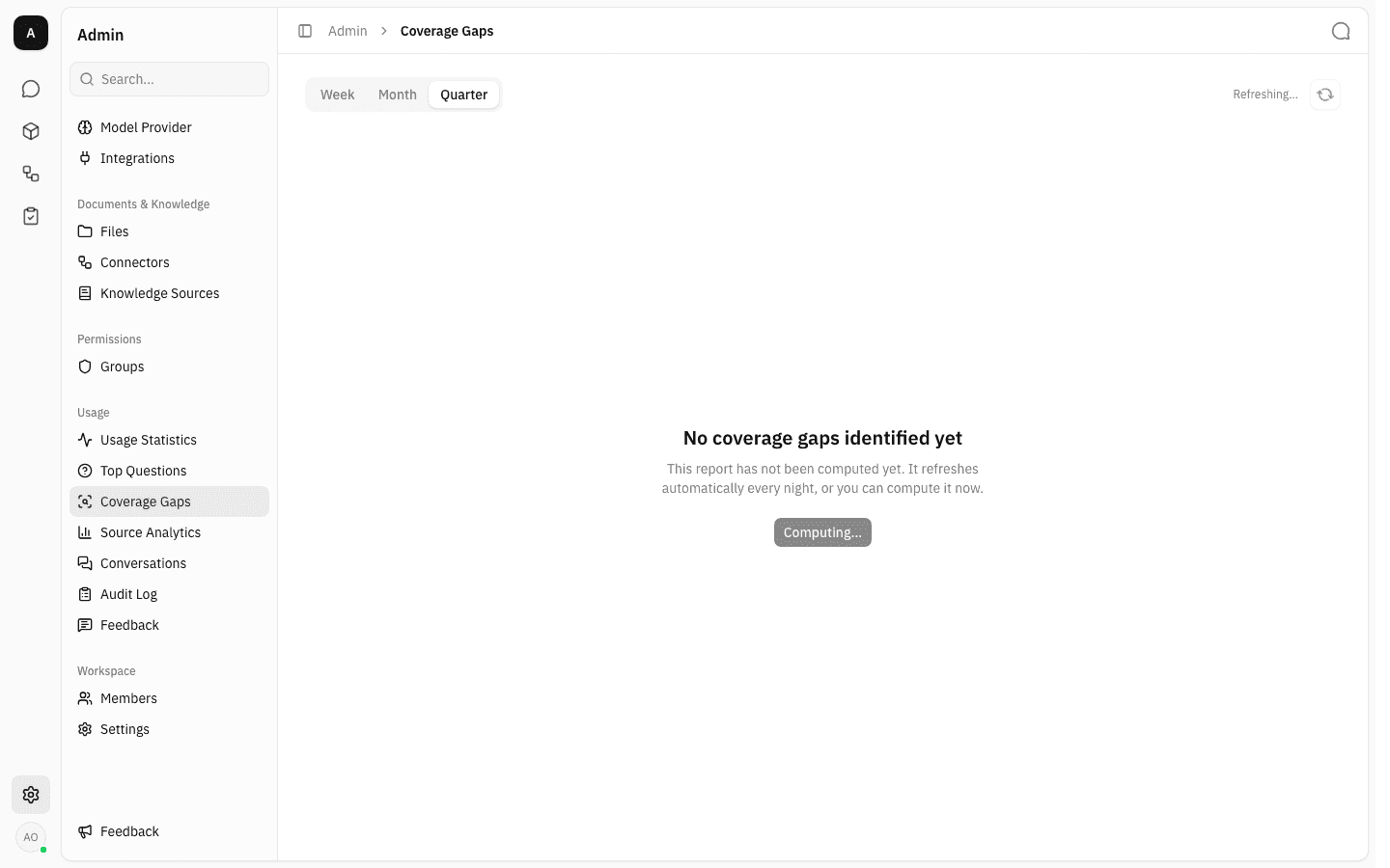 The Coverage Gaps page mid-computation, with the caption "Refreshing…" and the button reading "Computing…" in a disabled state