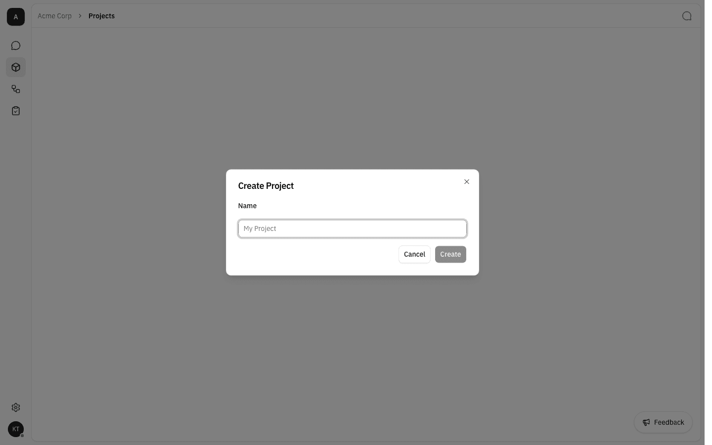 Create Project dialog with an empty Name field and a disabled Create button