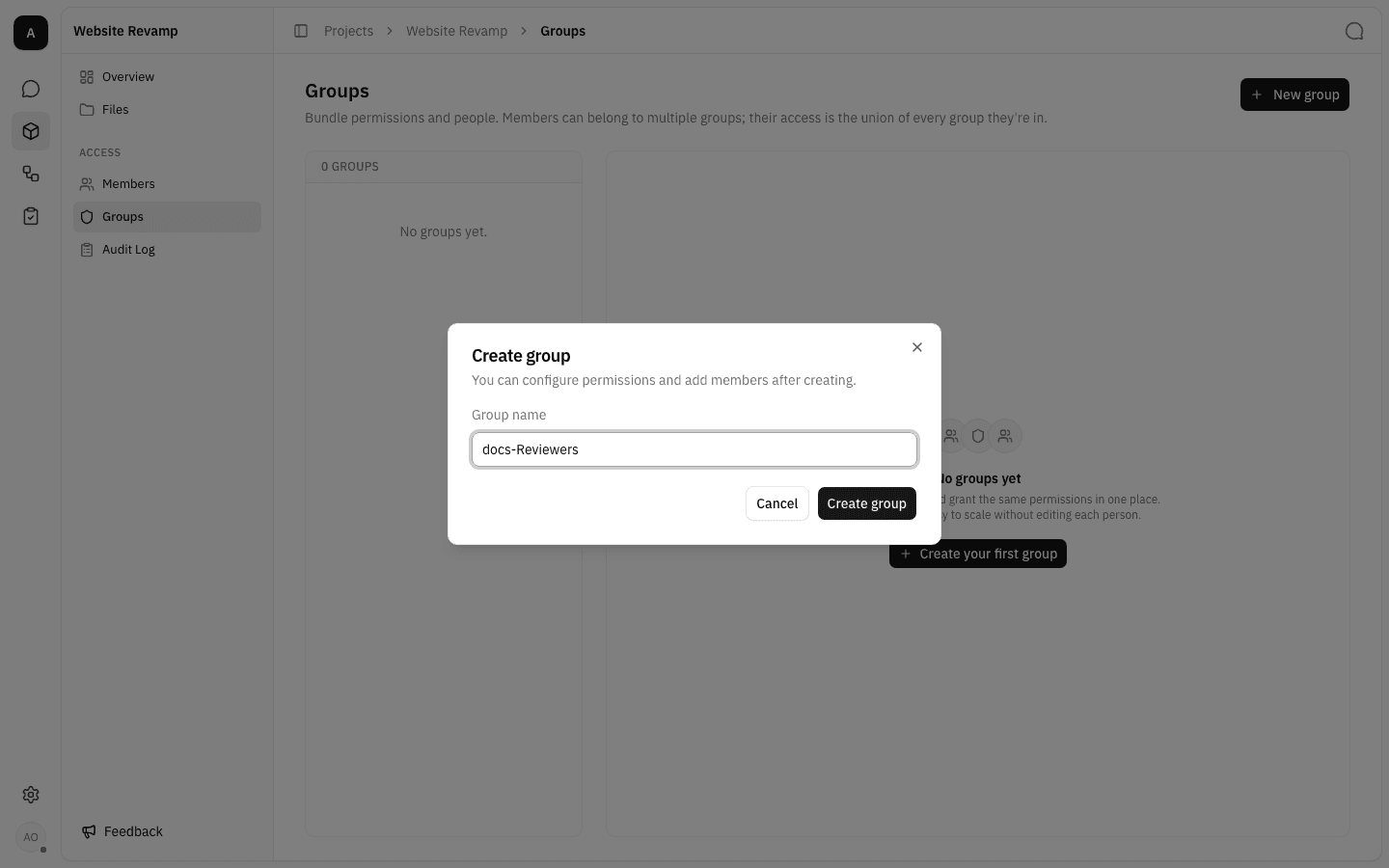 Create group dialog with the name docs-Reviewers typed in