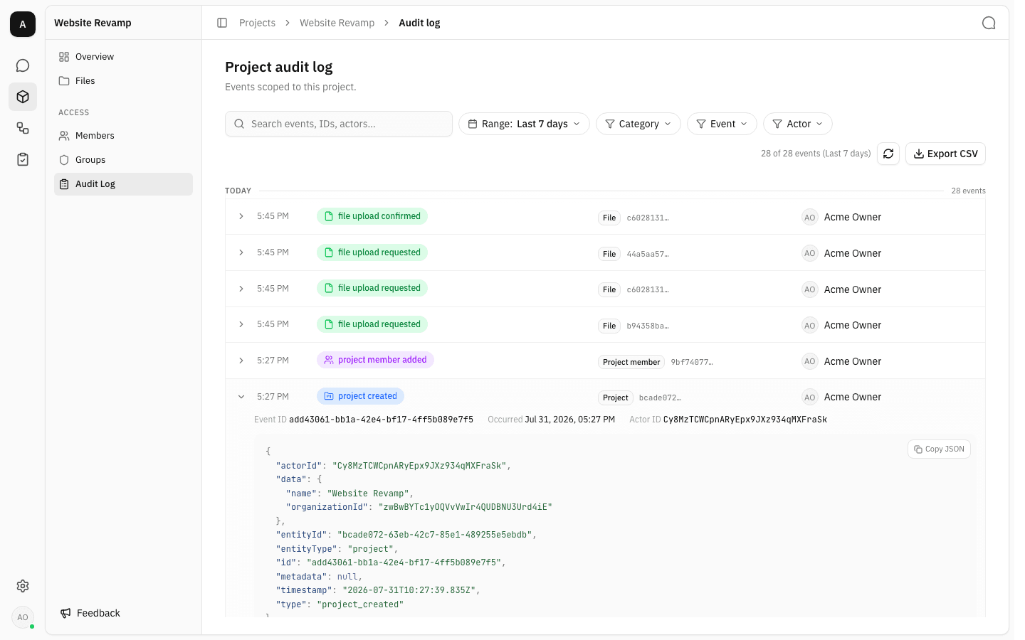 The project created event expanded, showing its JSON record