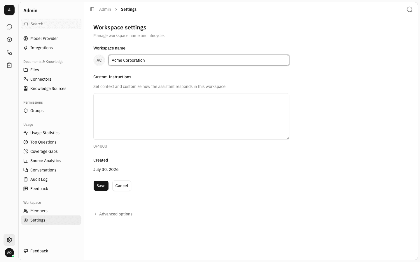 Workspace name field edited to "Acme Corporation" with Save and Cancel active