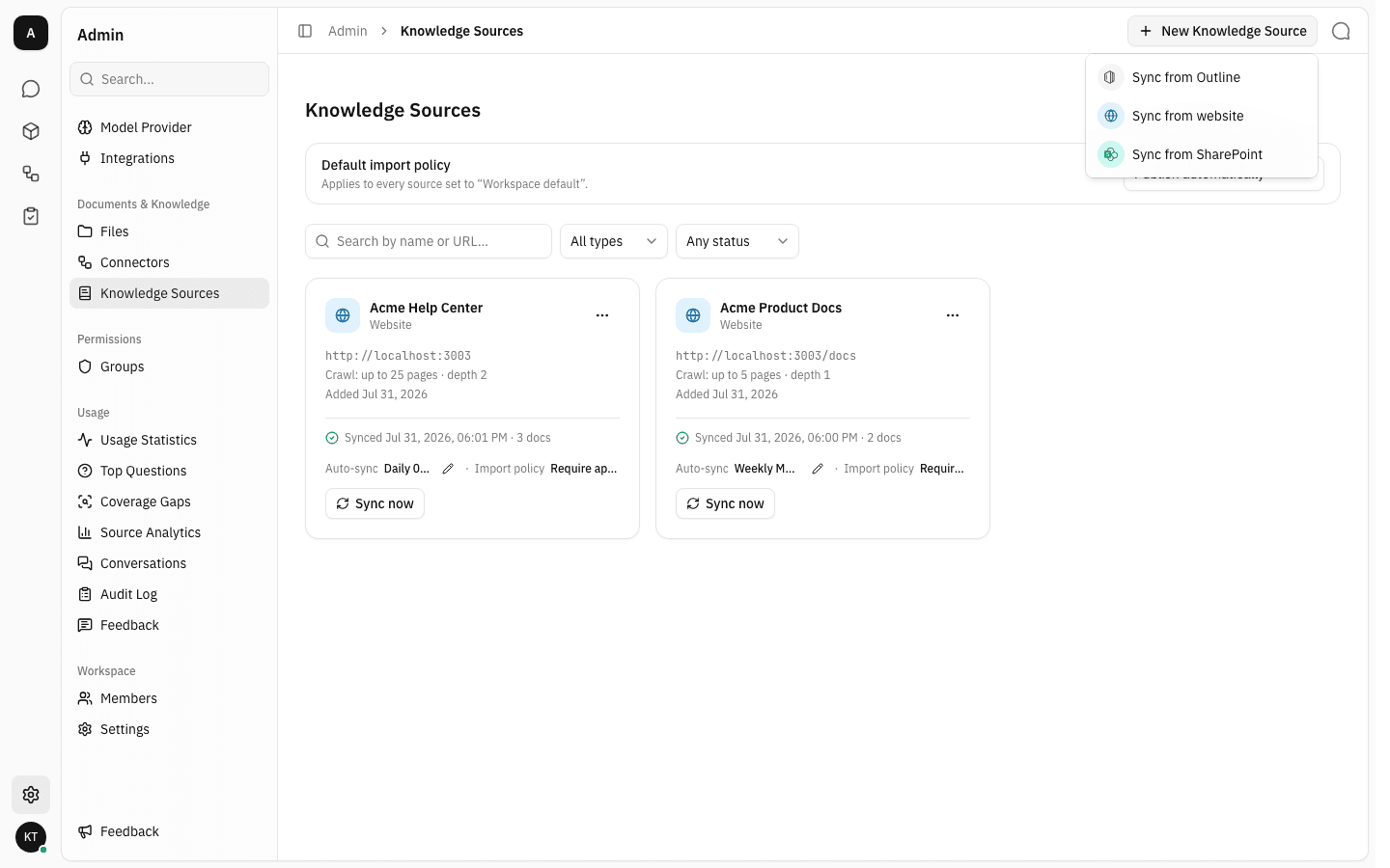 The New Knowledge Source menu offering Outline, website and SharePoint
