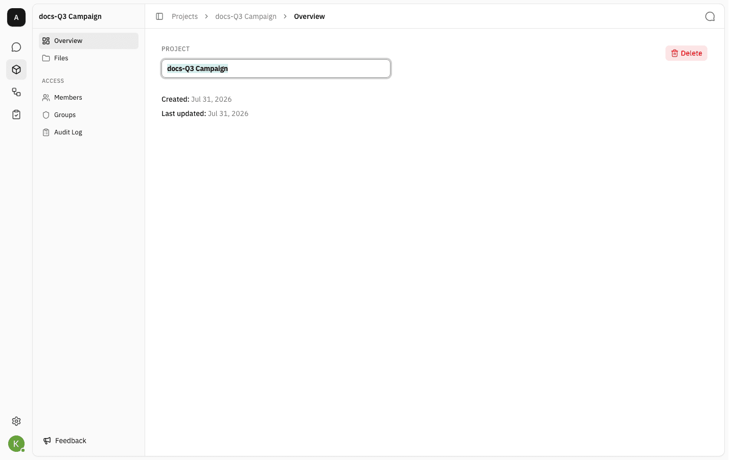 The project name replaced by a focused text box with the existing name highlighted