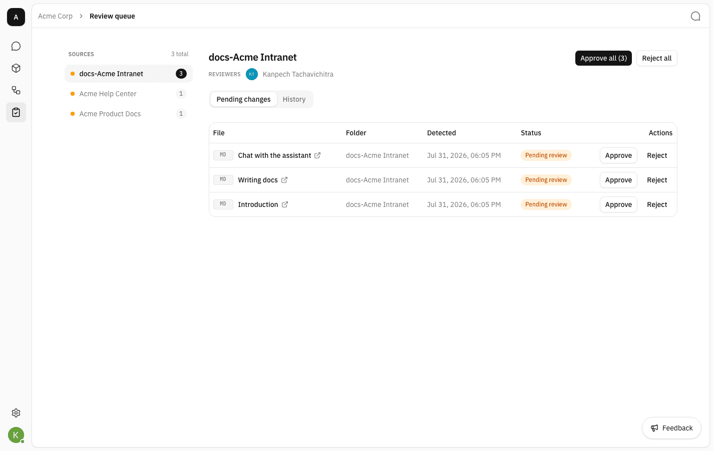 Review queue with three sources and three files pending review