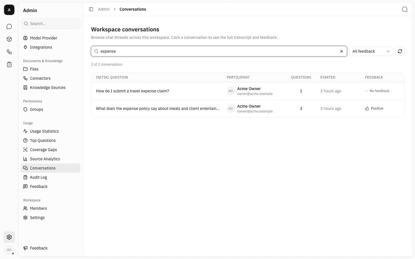Search box containing "expense", narrowing the list to the two expense-related conversations