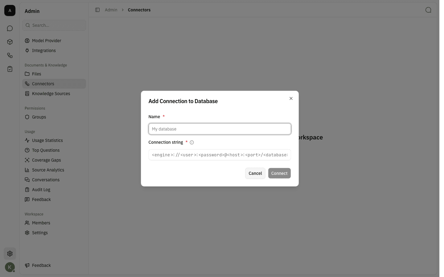 Empty "Add Connection to Database" dialog with Name and Connection string fields