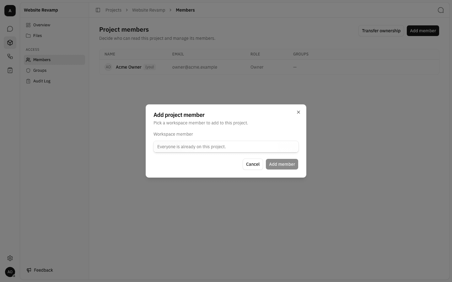 Workspace member dropdown open, reporting "Everyone is already on this project."