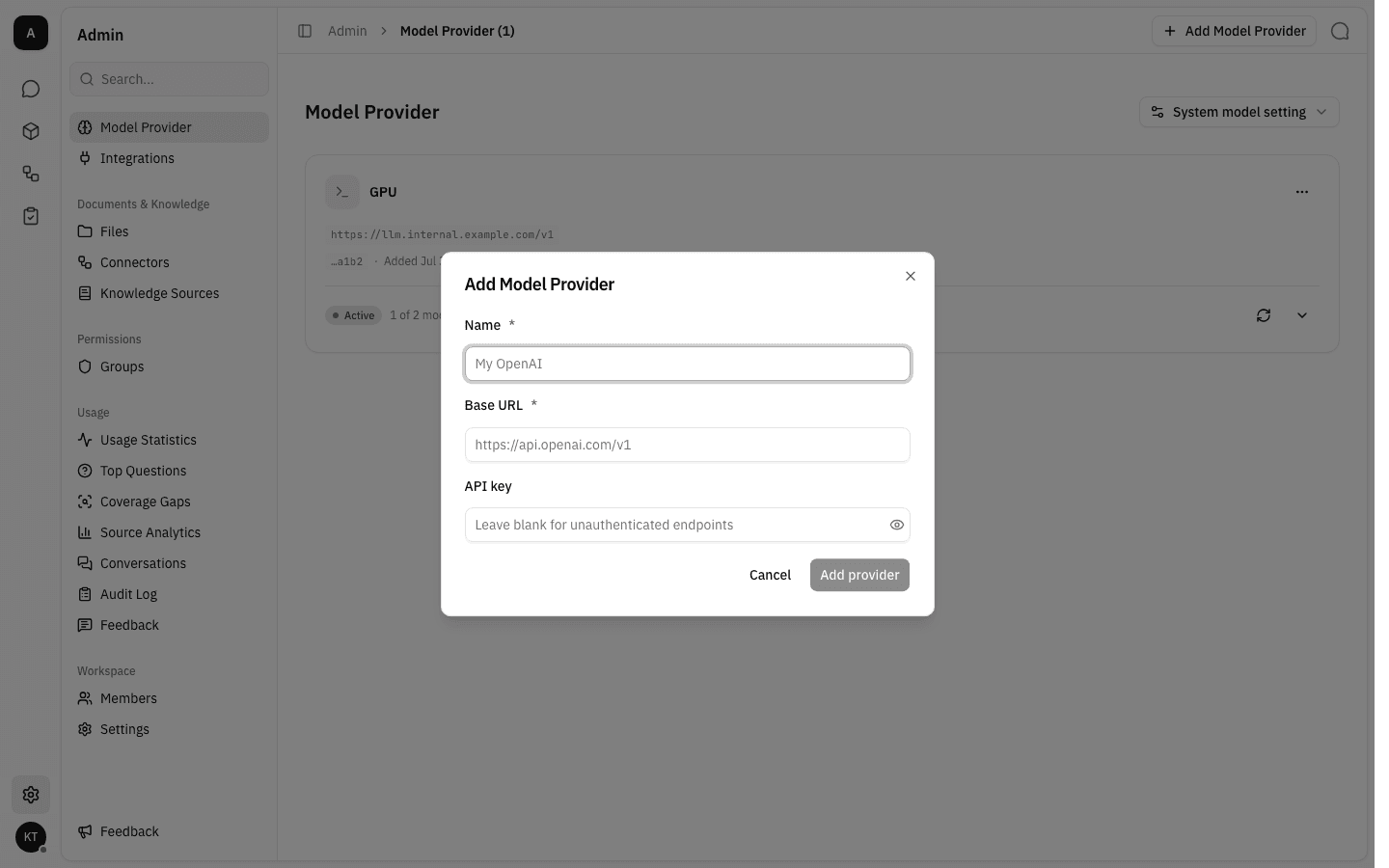 Empty Add Model Provider dialog with Name, Base URL and API key fields