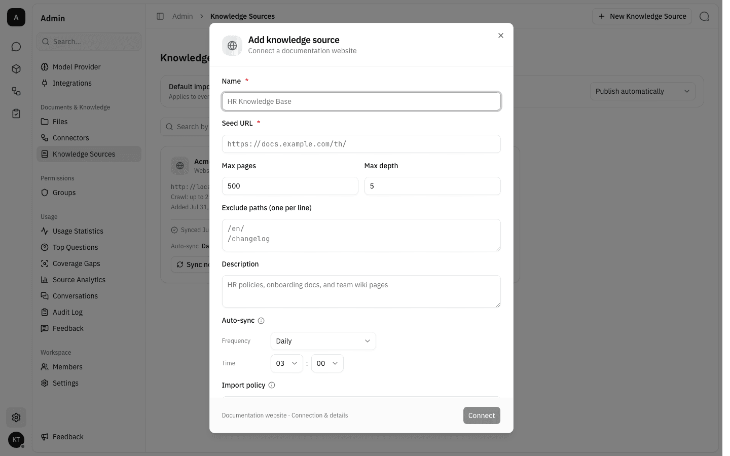 The empty Add knowledge source form for a documentation website