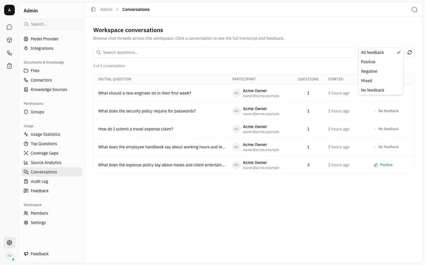 Feedback dropdown open, showing All feedback, Positive, Negative, Mixed and No feedback