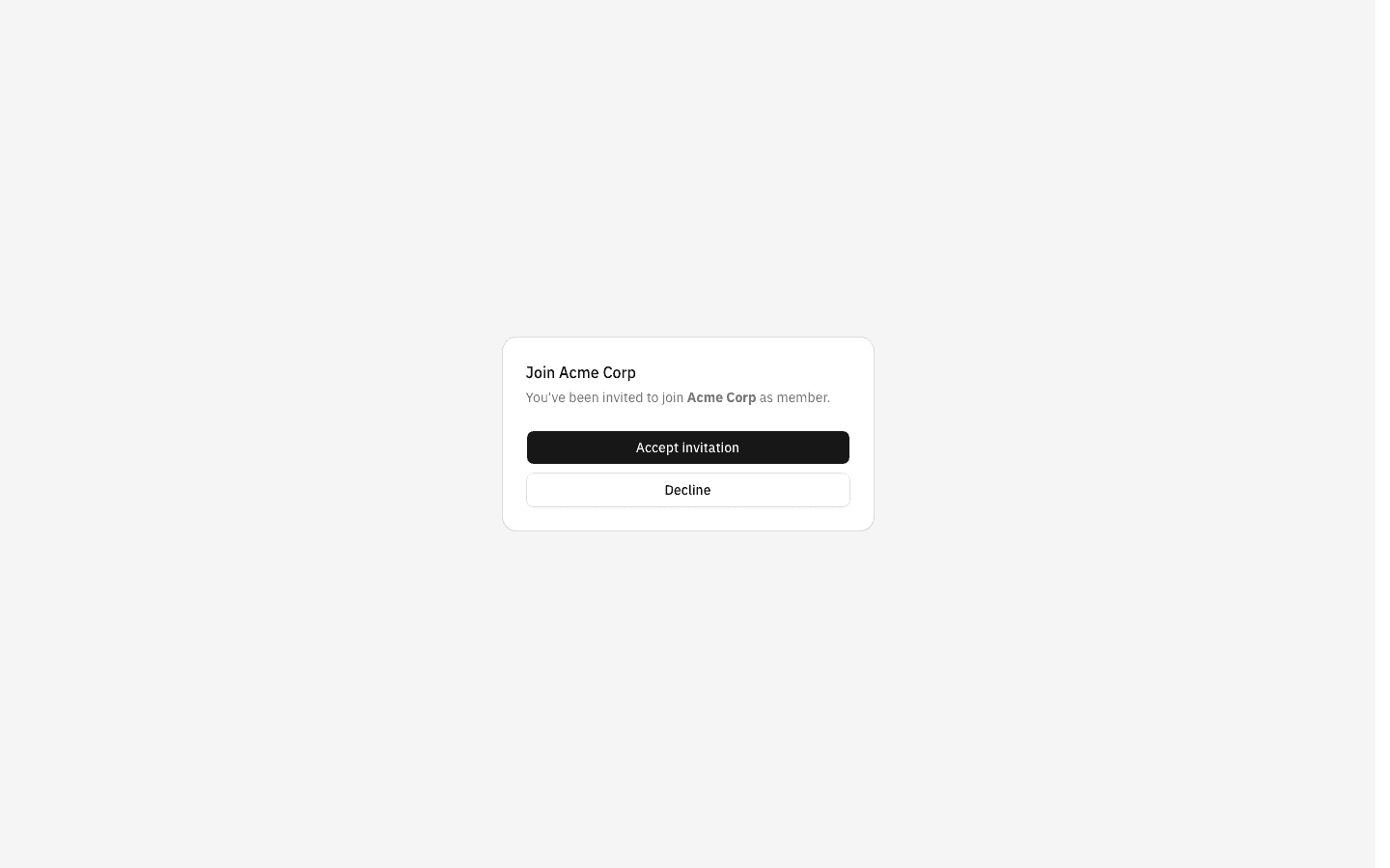 The invitation card headed "Join Acme Corp" with "Accept invitation" and "Decline" buttons