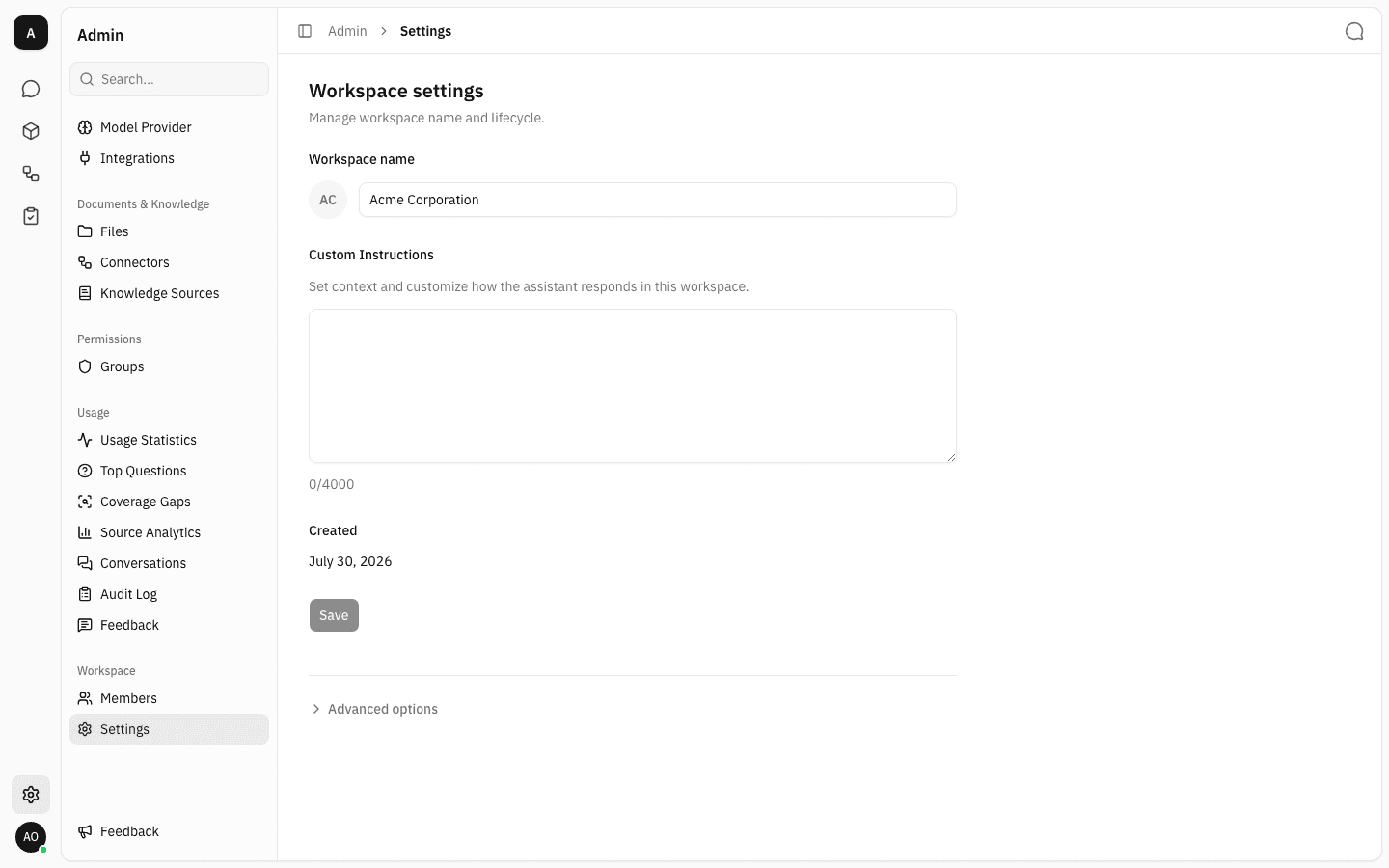 Workspace settings page after saving, showing the new name and an inactive Save button