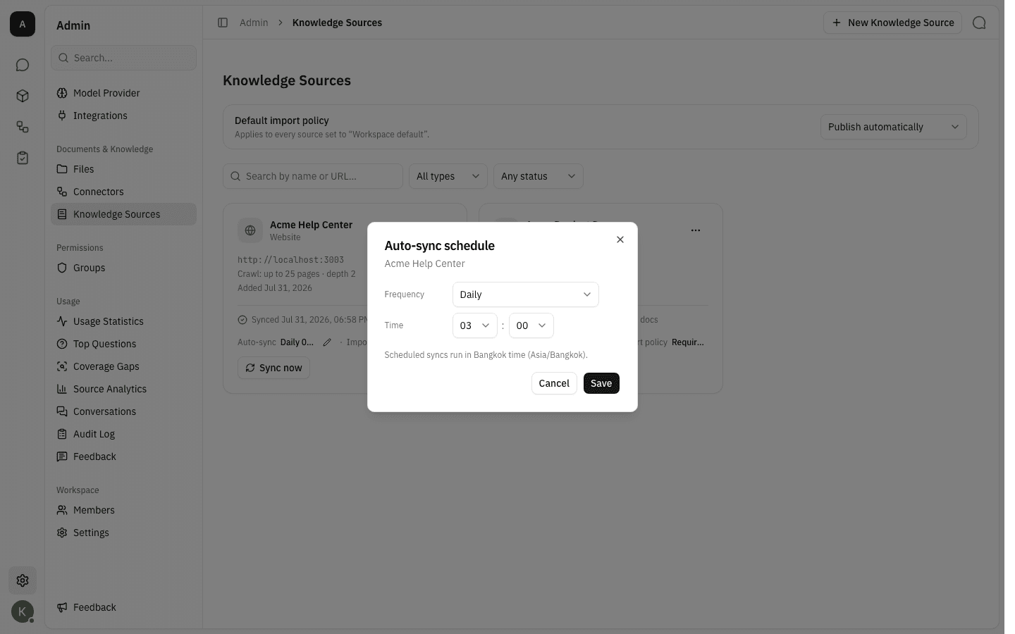 The Auto-sync schedule dialog showing a daily schedule at 03:00