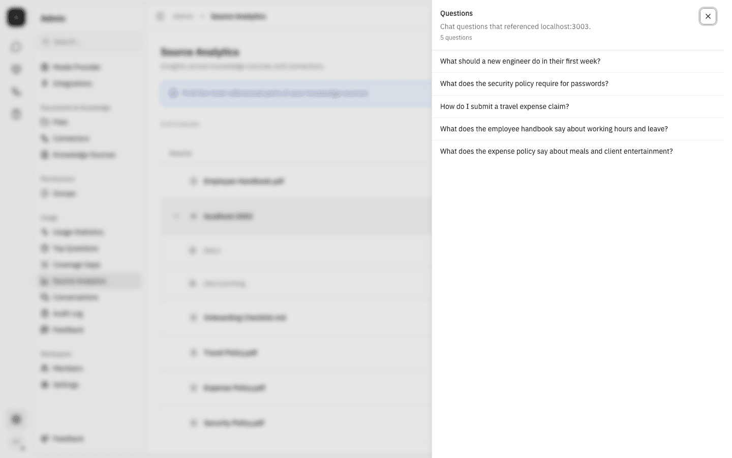 The Questions side sheet listing the five chat questions that referenced localhost:3003