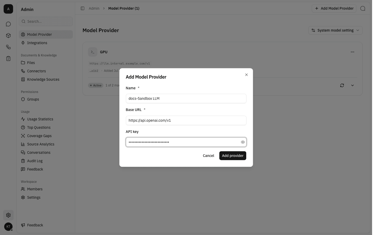 Add Model Provider dialog filled in with a name, a base URL and a masked API key