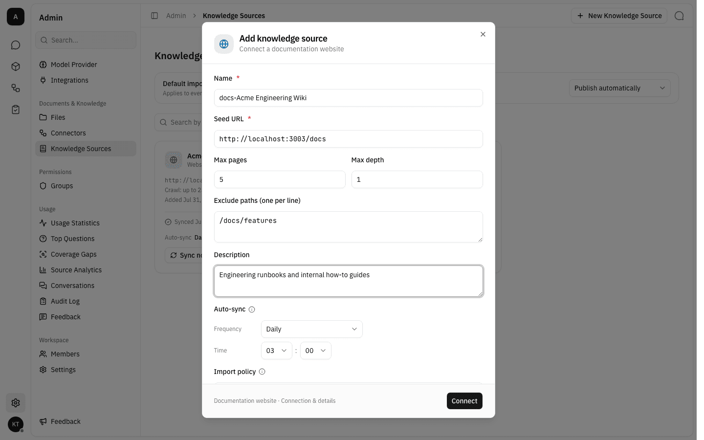 The website form filled in with a name, seed URL, crawl limits and an excluded path