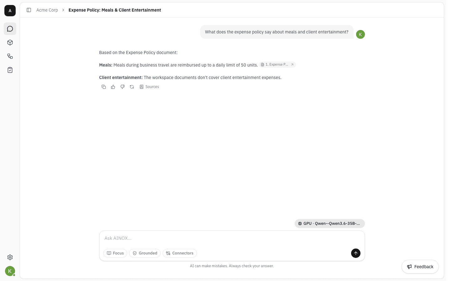 Answer hovered, showing the action row with copy, thumbs up, thumbs down, regenerate and Sources