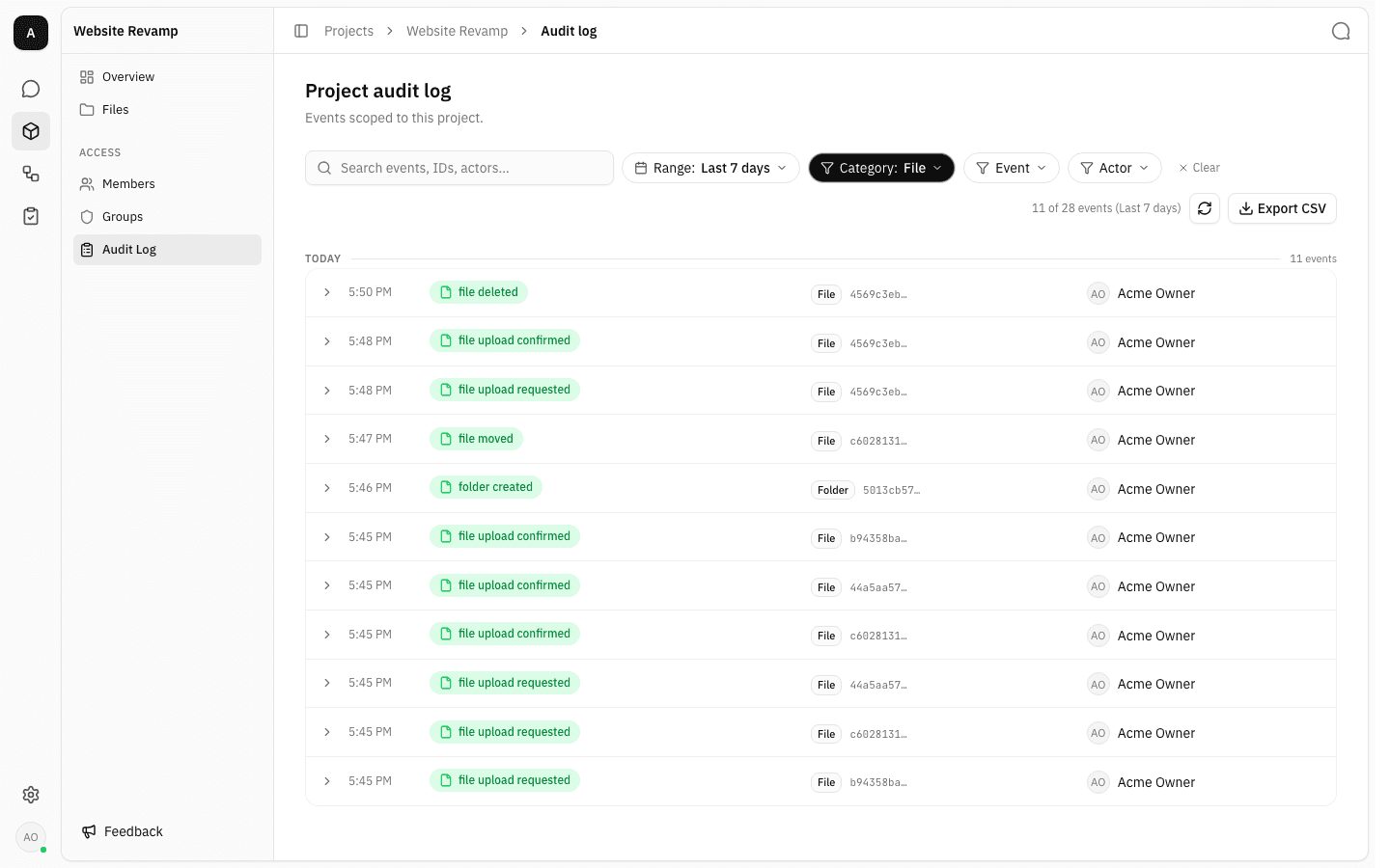 Project audit log filtered to the File category, showing 11 of 28 events