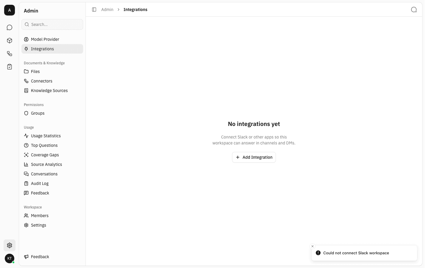 Integrations page with a toast reading "Could not connect Slack workspace"