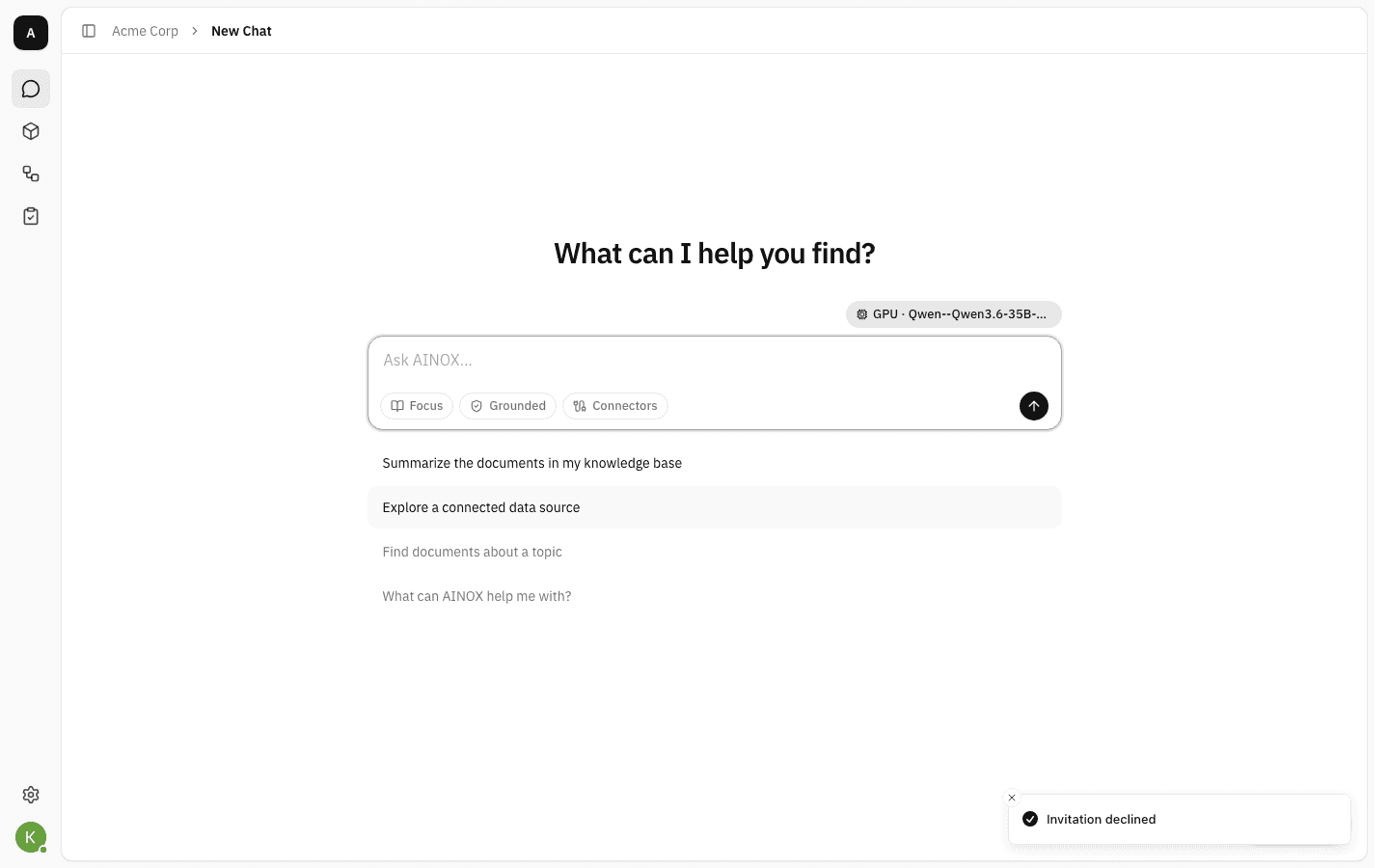 The app after declining, with an "Invitation declined" confirmation in the bottom-right corner