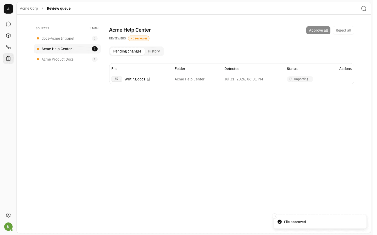 Approved row showing the Importing status and a File approved toast