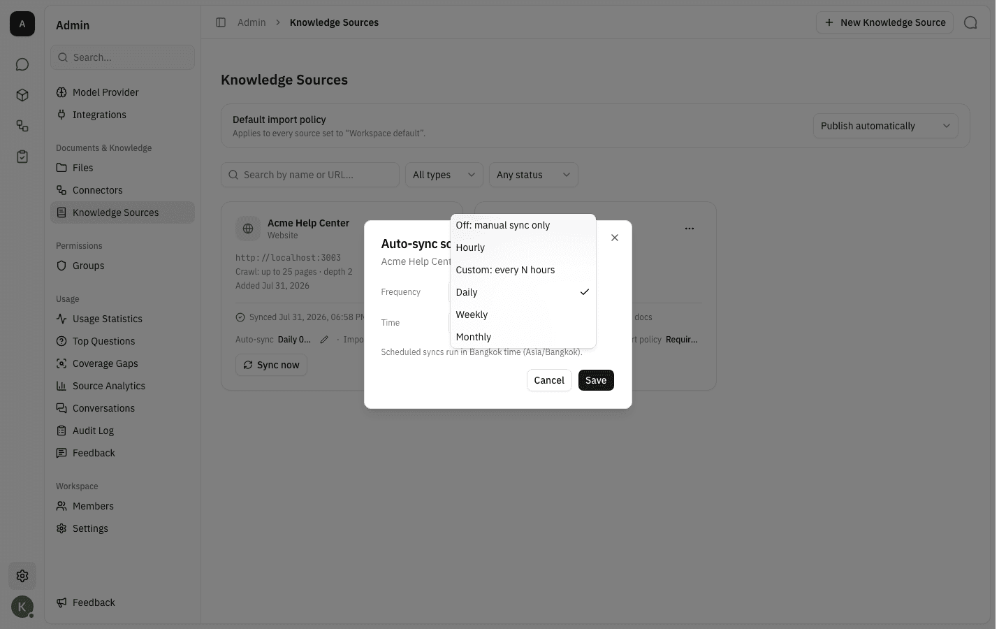 The Frequency dropdown listing Off, Hourly, Custom, Daily, Weekly and Monthly