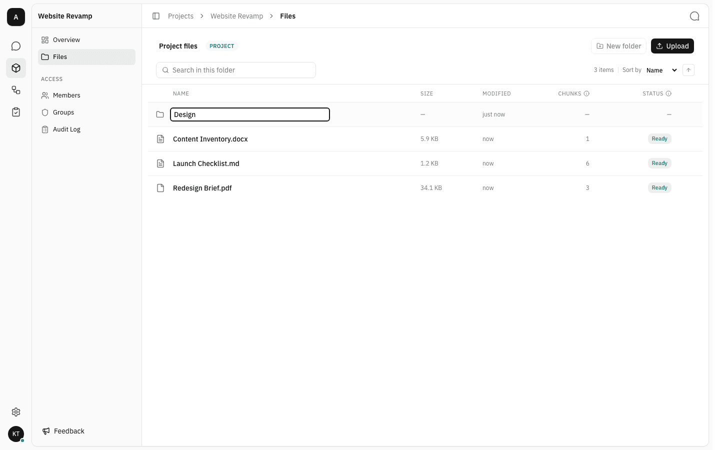 A new folder row at the top of the project file list with the name Design being typed into an inline text box