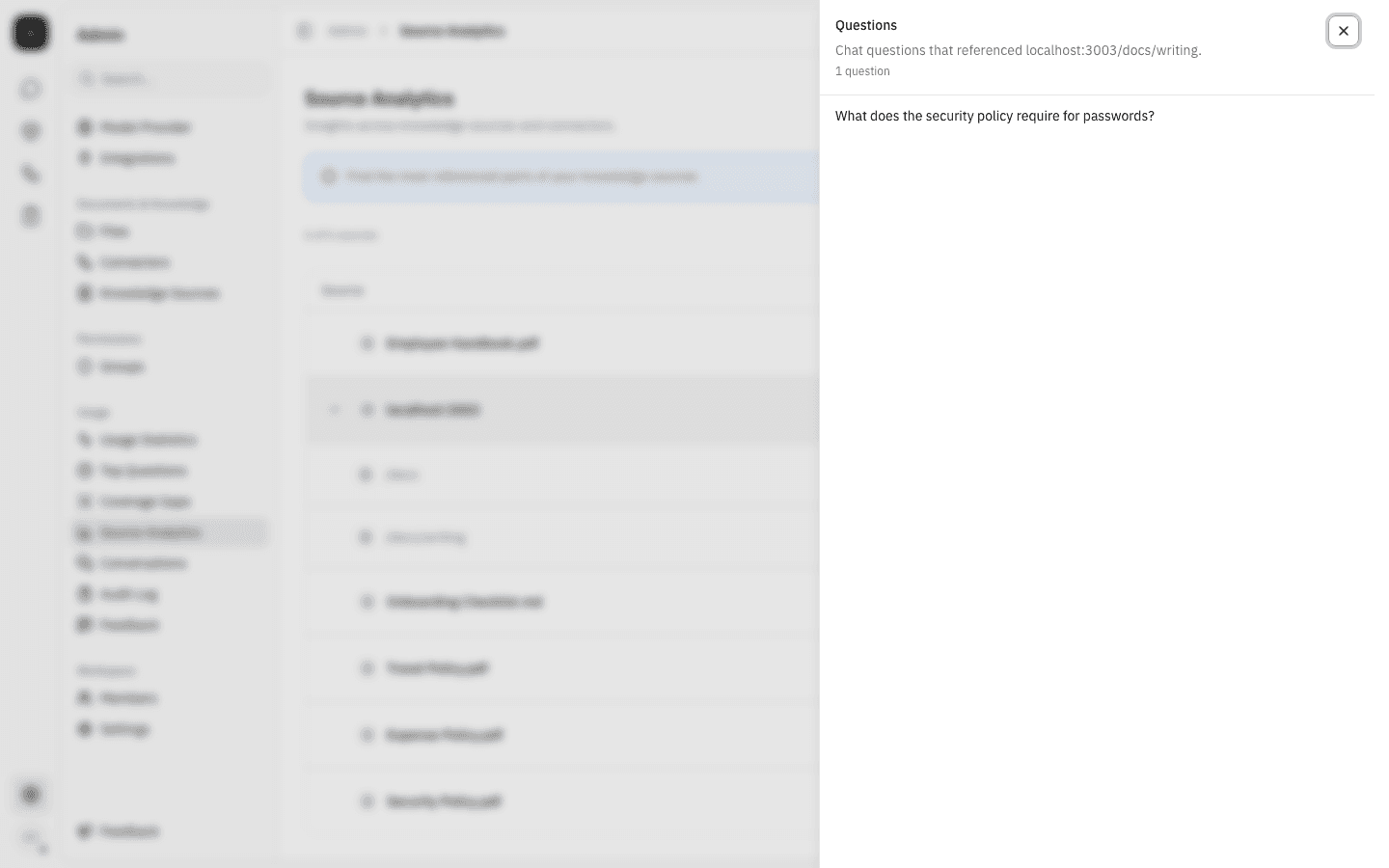 The Questions sheet narrowed to localhost:3003/docs/writing, showing a single question