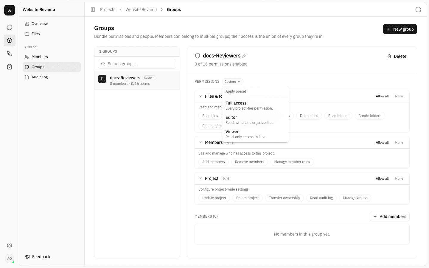 Preset menu open showing Full access, Editor and Viewer