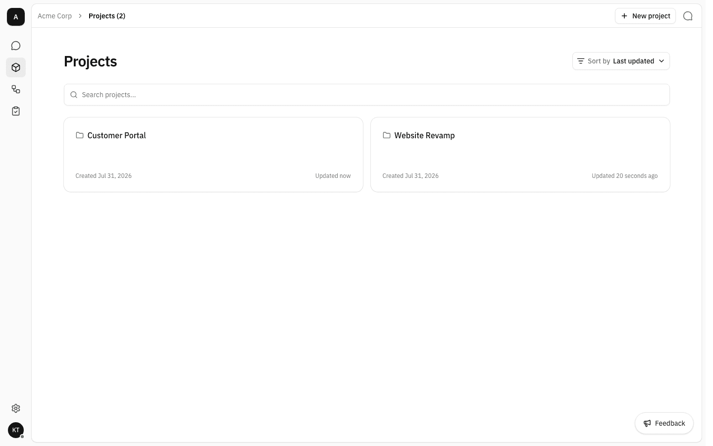 Projects page showing two project cards — Customer Portal and Website Revamp — each with a created date and a last-updated time