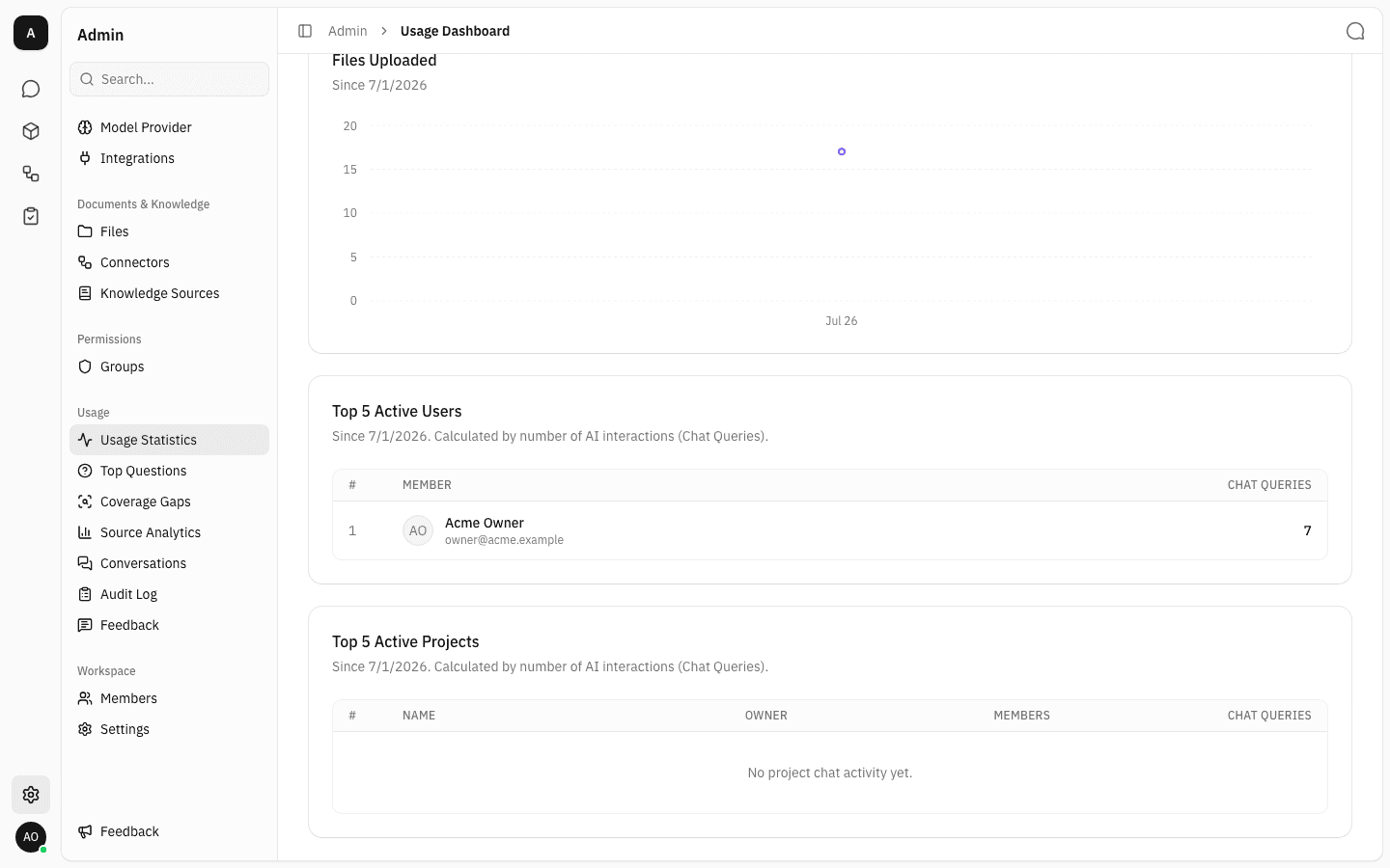 Top 5 Active Users listing one member with 7 chat queries, and Top 5 Active Projects showing "No project chat activity yet."