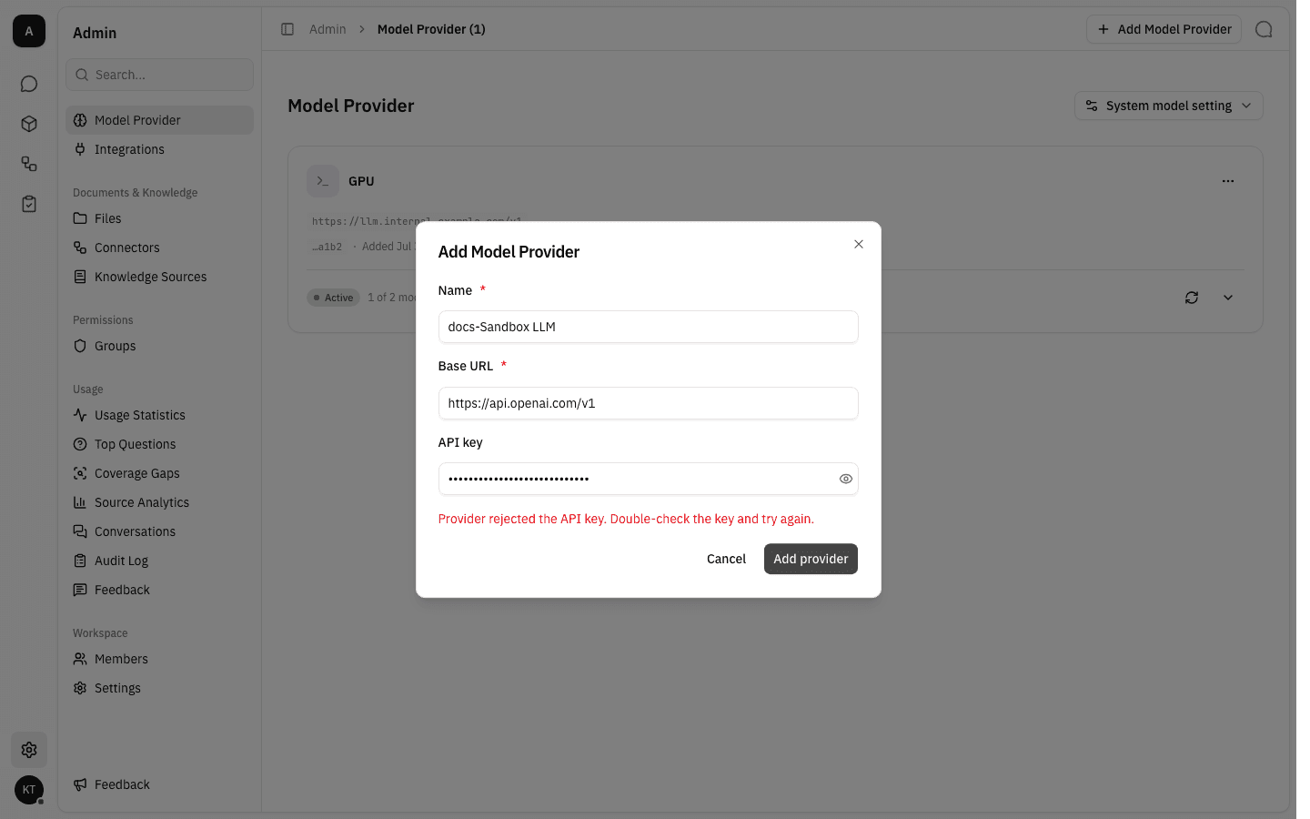 Add dialog showing the error "Provider rejected the API key. Double-check the key and try again."
