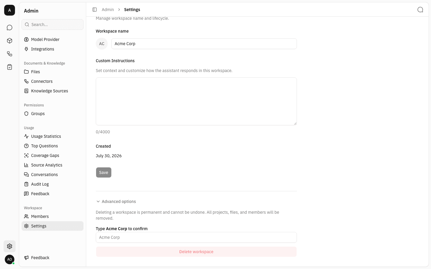 Advanced options expanded showing the delete warning, confirmation field and a disabled Delete workspace button
